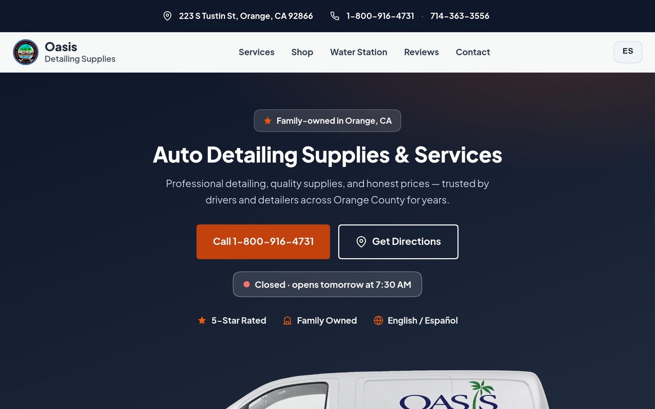 The Oasis Detailing Supplies homepage, a site I designed and built