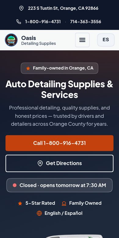 The Oasis Detailing Supplies homepage on a phone